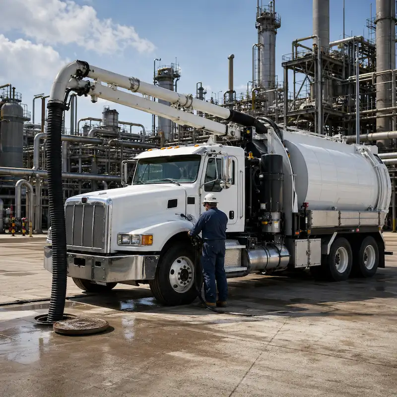 Camión vactor industrial de 17 m³ conectado a cárcamo