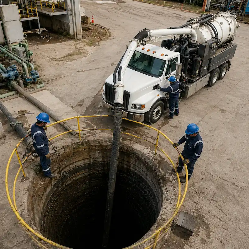 Corte transversal de fosa séptica industrial con tres capas